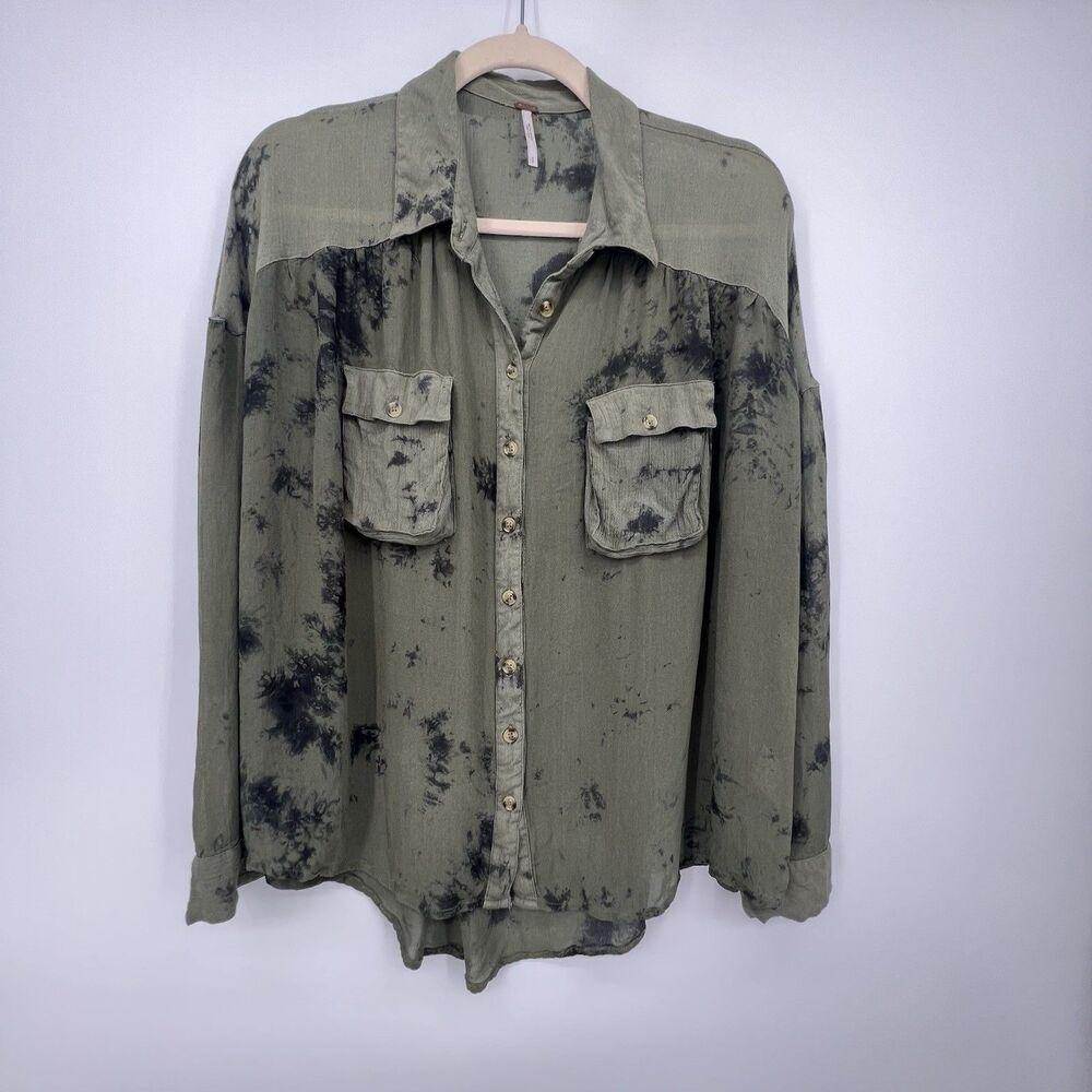 Free People Cloud Wash Tie Dye Button Down Blouse Top Sz S Grunge Sheer Oversize